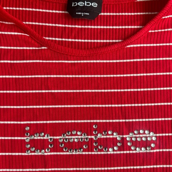 Bebe Vibrant Red and White Striped Tee Size Small NEW - Picture 4 of 7